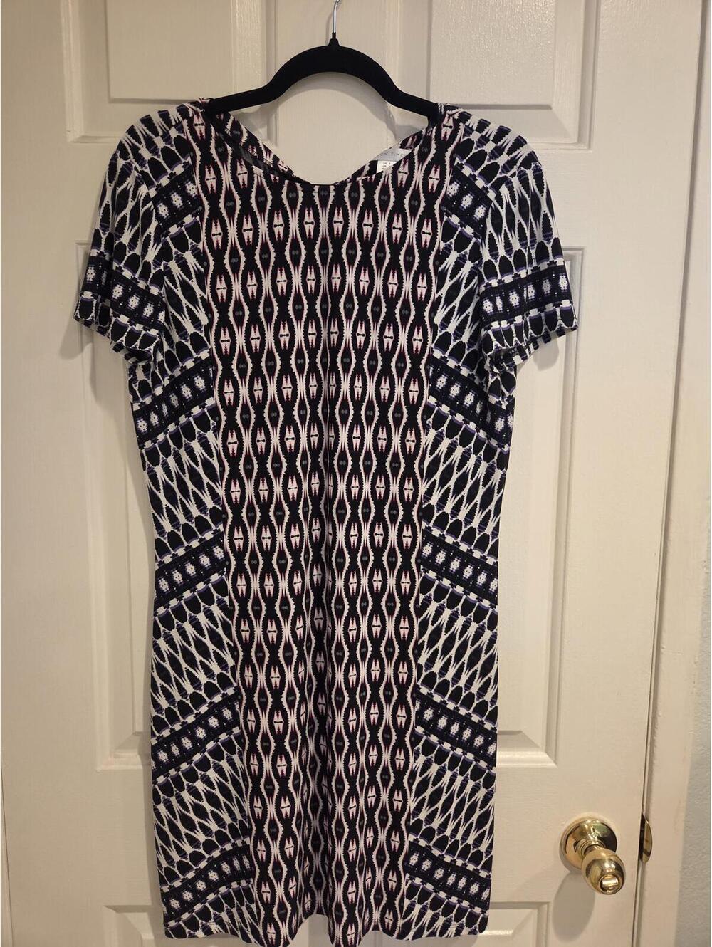 London Times Black White Pink Geometric Short Sleeve Sheath Dress Size 8